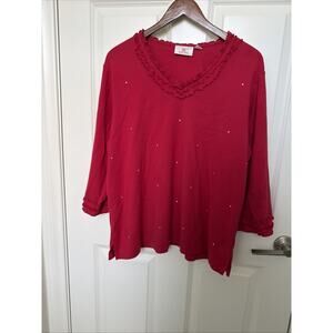 Quacker Factory Womens Red Scoop Neck Ruffle Trim Embellished 3/4 Sleeve Top 1X
